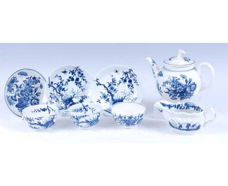 A collection of mid-18th century Worcester porcelain blue and white teawares, comprising bullet shaped teapot and cover, crea