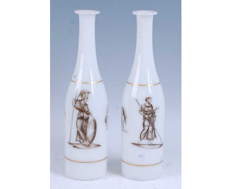 * George Bacchus &amp; Sons - a pair of Victorian opaque glass decanters, each of slender bottle form, decorated with Roman f