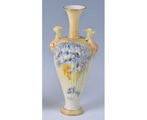 A late Victorian Royal Worcester twin handled porcelain vase, of fluted tapering form, the graduated yellow and gilded ground