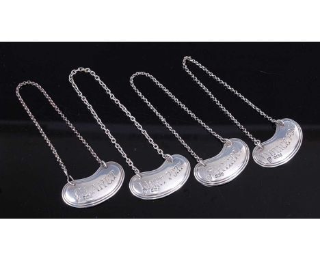 A set of four Edwardian silver decanter collars, each of kidney shape, annotated for Claret, Light Port, Sherry, and Vintage 
