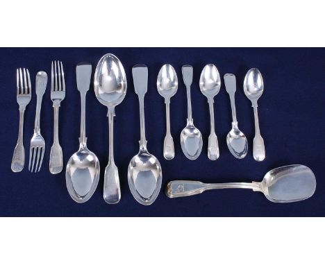 A set of three late Victorian silver serving spoons, in the Fiddle &amp; Thread pattern, each terminal engraved with a stag, 