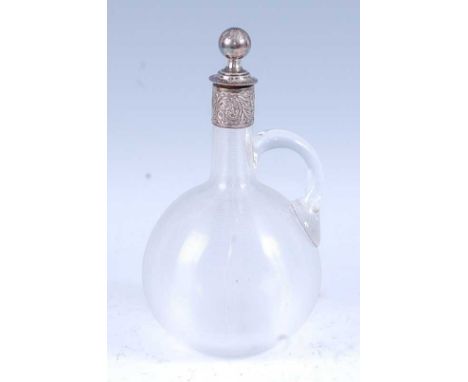 * A 19th century silver mounted and threaded glass claret jug, the lid with ball finial, the mounts with repousse scrolled de
