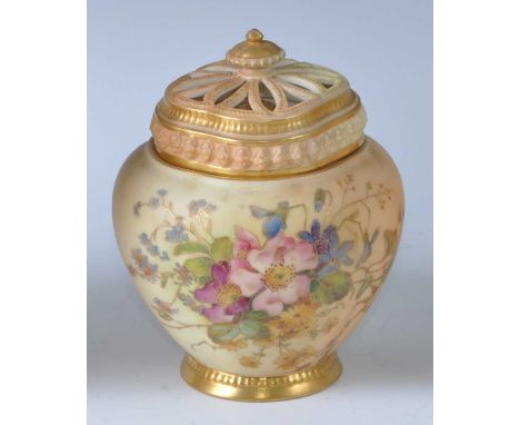 An early 20th century Royal Worcester porcelain blush ivory pot pourri jar and cover, of square lobed bulbous form, decorated