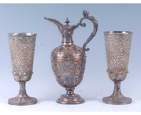 A Victorian Elkington &amp; Co electroplated ewer, designed by Francois Briot, circa 1870s, relief decorated with masks, anim