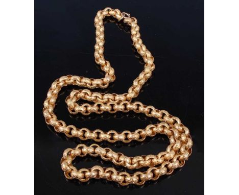 A yellow metal engraved round belcher link chain, with rose metal bolt ring clasp, length 785mm, width 8.5mm, gross weight 40