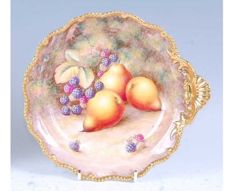 A Royal Worcester Fine Bone China bowl, decorated with pears and blackberries on a mossy bank by Harry Ayrton, black mark, di