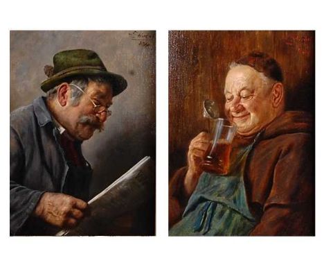 Ernst Stierhof (b.1918) - Pair portrait studies; The News and Taking a Drink, oil on canvas, each signed upper right, 24 x 17