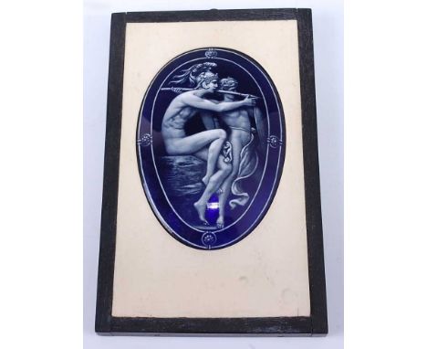 A Limoges enamel plaque, of convex oval form, depicting a classical archery lesson on a blue background, signed CC Schirm and
