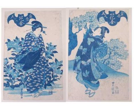 Utagawa Toyokuni II (Toyoshige) (1777-1835) - Beauty with Cherry Blossoms and Beauty with Bell-flowers, two aizuri-e (blue) p