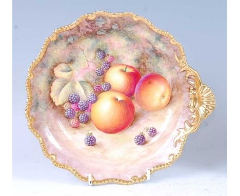 A Royal Worcester Fine Bone China bowl, decorated with apples and blackberries on a mossy bank by Harry Ayrton, black mark, d