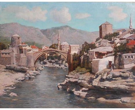 Spiro Bocaric (Yugoslavian 1878-1941) - The Old Bridge in Mostar, Bosnia, oil on canvas, signed and dated Bozzarich 1909 lowe