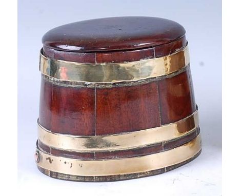 A 19th century coopered mahogany box, possibly as a tea caddy or salt box, with loose cover and three brass bands, h.12.5cm
