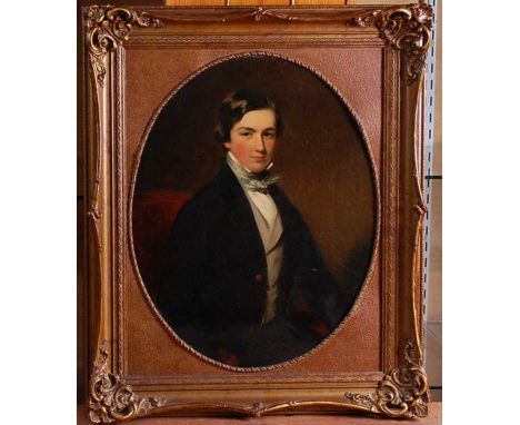 Mid-19th century English school - Half-length portrait of a young J G Middleton, oil on canvas, framed as an oval, inscribed 