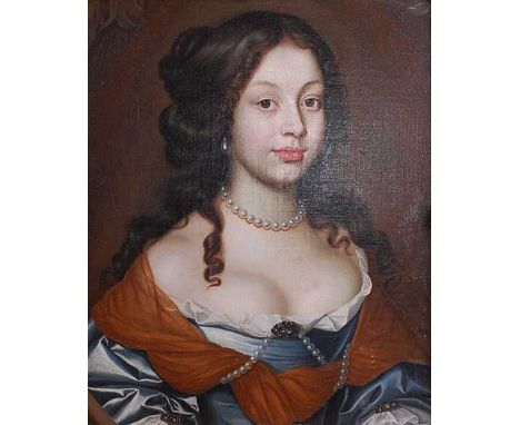 * After Peter Lely (1660-1680)- A bust portrait of a maiden wearing a pearl necklace, oil on canvas (re-lined), 55 x 45cm, th