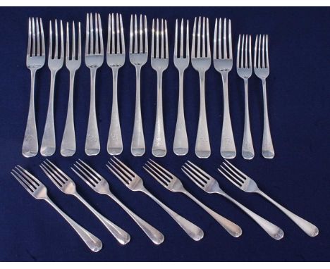 A large selection of George III and later table and dessert forks, all in the Old English pattern, various dates and makers t