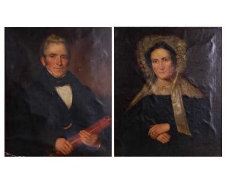 19th century English school - Pair; half-length portrait of an explorer holding a telescope and his companion, oils on canvas