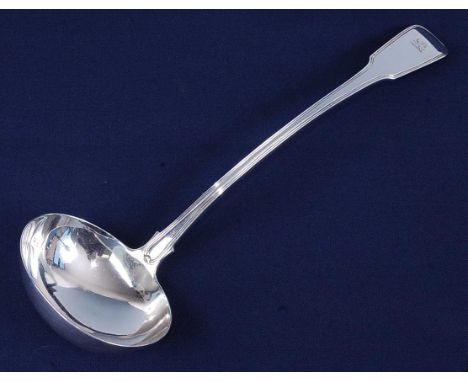 A George III silver soup ladle, in the Fiddle &amp; Thread pattern, the terminal engraved with a rampant lion, maker Thomas W
