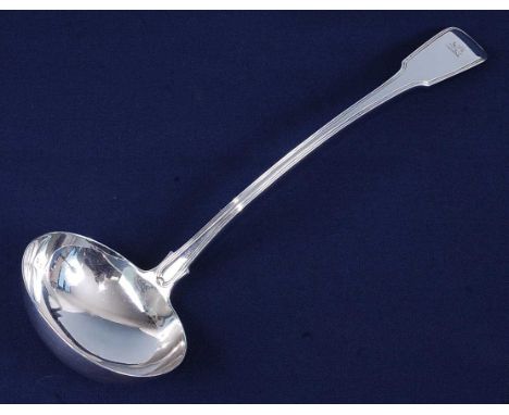 A George III silver soup ladle, in the Fiddle &amp; Thread pattern, the terminal engraved with a rampant lion, maker Thomas W