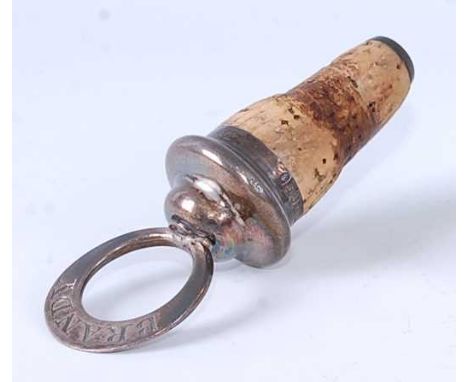 * A late Victorian silver mounted cork bottle-stop, annotated for Brandy, maker H Matthews, Birmingham 1892, gross length 9cm