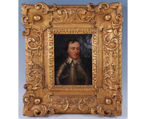 19th century English school - Half-length portrait of Oliver Cromwell, wearing body armour, oil on board, 17.5 x 13cm