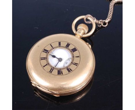 J W Wilson of Bury St Edmunds - a gent's 18ct gold cased half hunter pocket watch, having a signed white enamel Roman dial wi