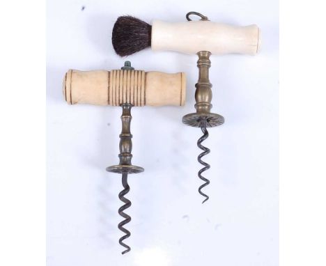 A 19th century direct-pull corkscrew, having steel helix with brass stopper, ring turned bone handle, 14cm; together with one