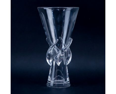 Steuben Crystal Rose Vase #8090. Includes original fitted box and dust bag. Signed. Good condition. Vase measures 11-3/4" H, 