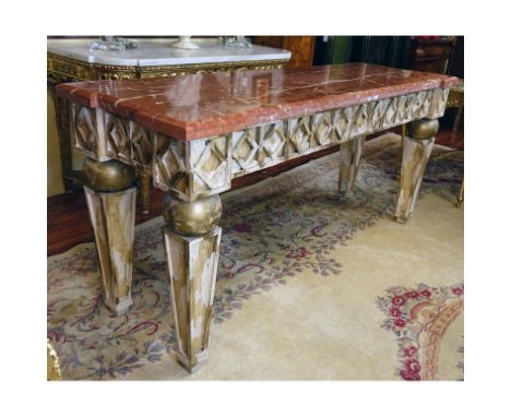 Mid Century Neoclassical Style Marble Top Console Table. Distressed patina. Rubbing, scuffs, and scratches. Measures 34-1/2" 