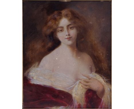 19/20th Century Art Nouveau Oil on Board, Portrait of a Young Girl. Unsigned. Rubbing to paint, splashes. Board measures 10-1