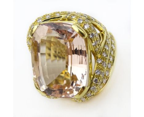 Lady's Approx. 30.0 Carat Gem Quality Cushion Cut Kunzite, 2.50 Carat Round Cut Diamond and 18 Karat Yellow Gold Ring. Diamon