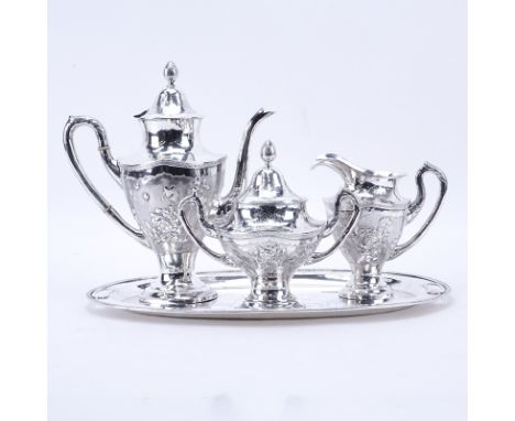 Vintage Chinese Yeching Sterling Silver Four (4) Piece Tea Set. Includes: Tea pot 11" H (handle has come loose but is include