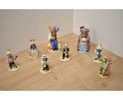 A group of six Royal Doulton 'Bunnykins' musician figures from the Jazz Band Collection, comprising Clarinet Player DB184, Sa