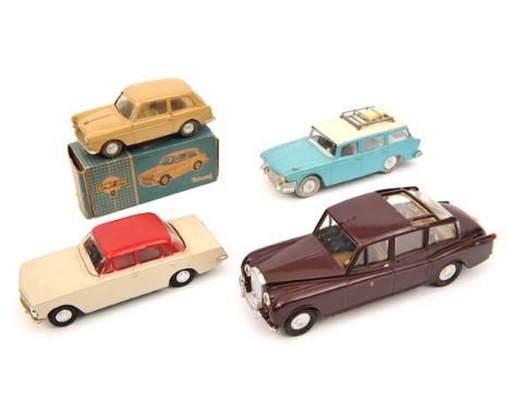 4 Tri-ang Spot-On. Austin A40 in beige with cream interior, in worn box. Royal Rolls-Royce in maroon with tan interior. Humbe