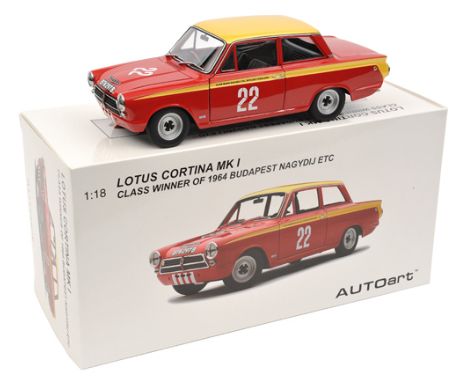 Autoart 1:18 scale Ford Lotus Cortina Mk1. An ‘Alan Mann Racing Ltd’ ‘Class winner of the 1964 Budapest NAGYDIJ etc’. Example