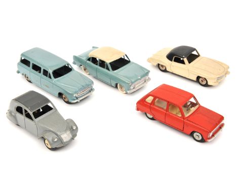 5 French Dinky Toys. Peugeot 403 estate in light blue. Citroen 2CV in two tone grey with cream hubs. Mercedes-Benz 190SL in c