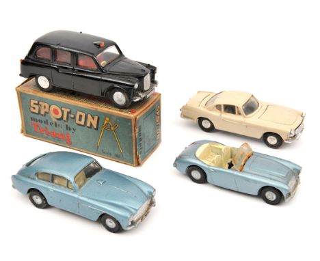 4 Tri-ang Spot-On. Austin FX4 London Taxi in black with red interior, boxed. An Aston Martin in metallic light blue with crea