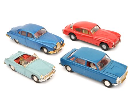 4 Tri-ang Spot-On. Jensen in red with cream interior. Austin 1800 in blue with red interior. Austin Healey Sprite in light bl