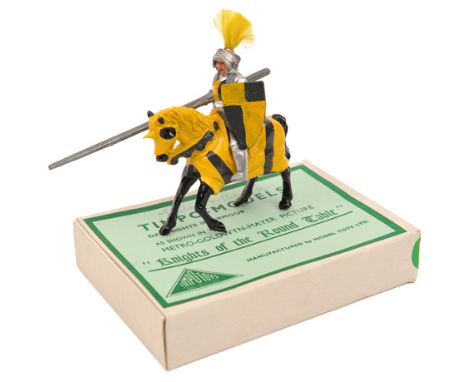 A similar Timpo “Knights of the Round Table” Knight – Sir Gareth, mounted. Knight and horse in black and yellow colours, knig