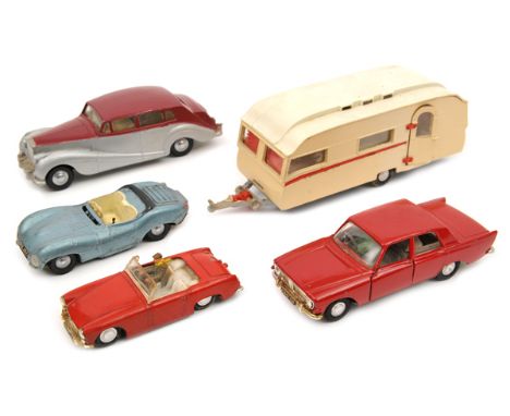5 Tri-ang Spot-On. Ford Zephyr Six in deep red with grey interior. MG Midget in red with white interior. Jaguar XKSS in light
