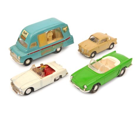 4 Tri-ang Spot-On. Renault Floride in lime green with white interior. Austin Healey Sprite in white with red interior. Bedfor