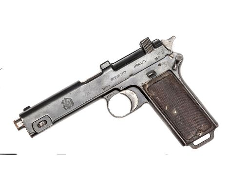 A 9mm Steyr Model 1911 semi automatic pistol, number 1174A, marked “Steyr 1912, Mod 1911, Ejercito de Chile” and Chilean arms
