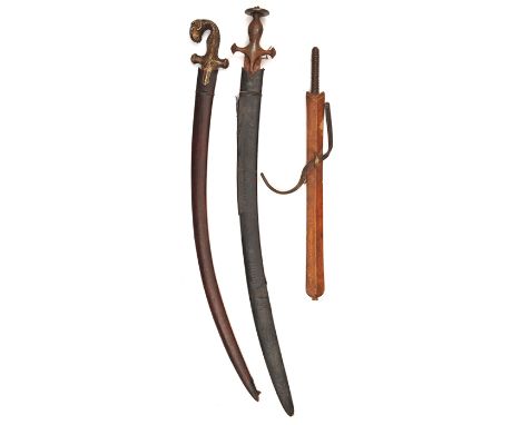 An Indian sword tulwar, curved blade 31”, plain iron hilt with disc pommel, in a fabric covered scabbard, QGC; another tulwar