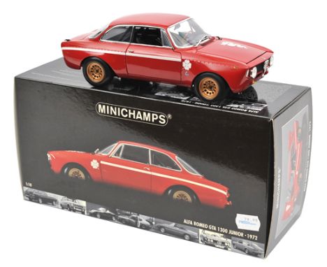 Minichamps 1:18 scale Alfa Romeo GTA 1300 Junior 1972. In red with white flash and Alfa cloverleaf to sides and white serpent