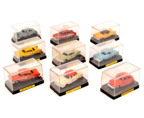 19 unusual small Scale Japanese made Die-Cast/White Metal Cars. Approximately 1:90 scale saloon cars, estate cars etc. Includ