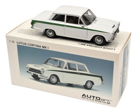 Autoart 1:18 scale Ford Lotus Cortina Mk1. Standard example in white with green flash to sides with Lotus badges and detailed