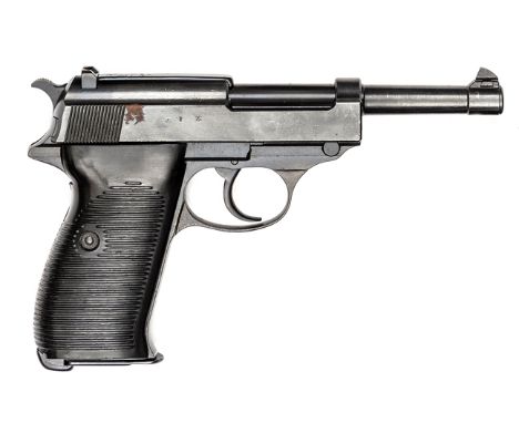 A WWII 9mm Walther P38 semi automatic pistol, number 202e, with maker’s code “ac 44” (Walther Waffenfabrik), with Waffenamt m