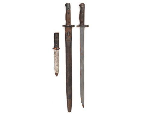 A 1907 SMLE bayonet, in its scabbard, basically GC (surface rust to scabbard mounts); another, basically GC (no scabbard, bla