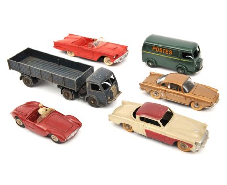 6 French Dinky Toys. Renault Floride in metallic gold. Studebaker Commander in light brown and maroon. Maserati in deep red. 