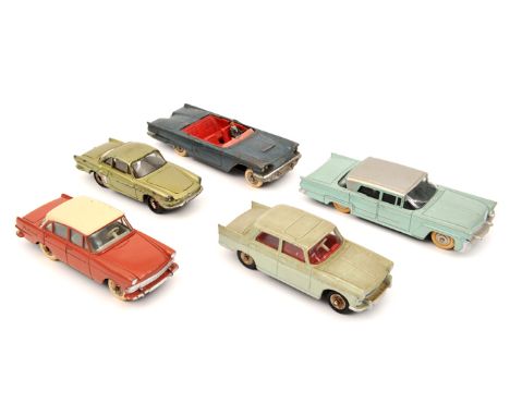 5 French Dinky Toys. Peugeot 404 in pale green with red interior. Opel Rekord in brown with cream roof and cream interior. Re