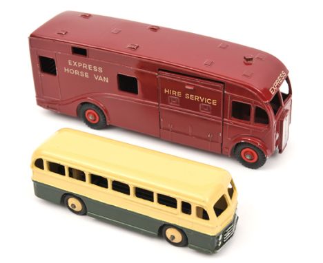 2 scarce Dinky Toys North American issues. A Maudsley Horse Box. In maroon “Express Horse Van” livery, example with red wheel